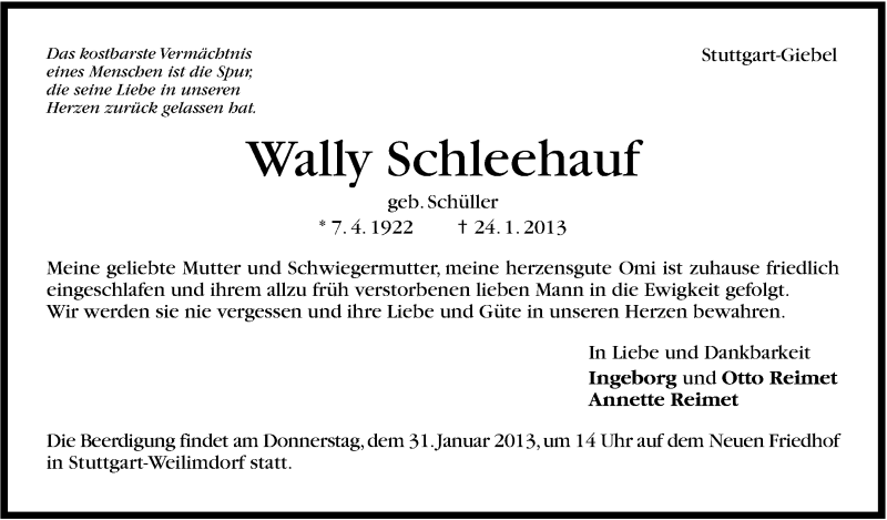  Traueranzeige für Wally Schleehauf vom 28.01.2013 aus Stuttgarter Zeitung / Stuttgarter Nachrichten