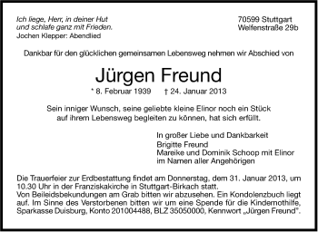 Traueranzeige von Jürgen Freund von Stuttgarter Zeitung / Stuttgarter Nachrichten