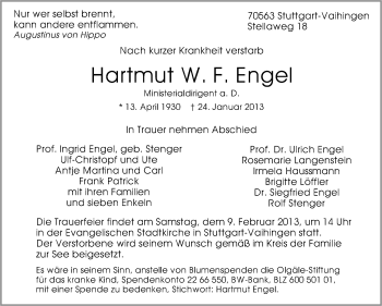 Traueranzeige von Hartmut Engel von Stuttgarter Zeitung / Stuttgarter Nachrichten