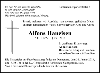 Traueranzeige von Alfons Haueisen von Stuttgarter Zeitung / Stuttgarter Nachrichten