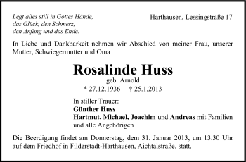 Traueranzeige von Rosalinde Huss von Stuttgarter Zeitung / Stuttgarter Nachrichten