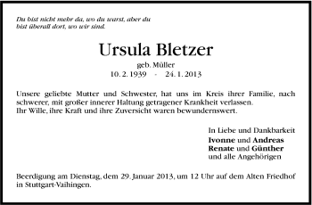 Traueranzeige von Ursula Bletzer von Stuttgarter Zeitung / Stuttgarter Nachrichten