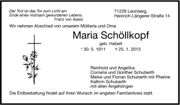 Traueranzeige von Maria Schöllkopf von Stuttgarter Zeitung / Stuttgarter Nachrichten