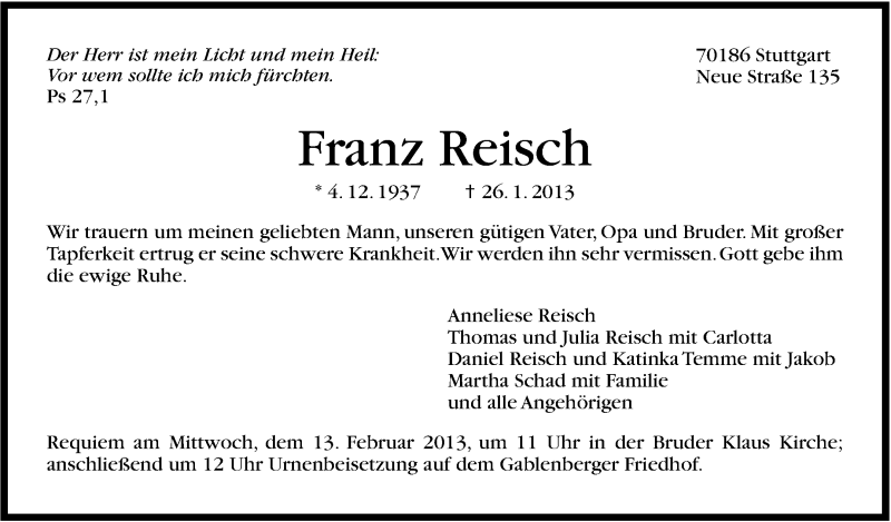 Traueranzeige für Franz Reisch vom 09.02.2013 aus Stuttgarter Zeitung / Stuttgarter Nachrichten