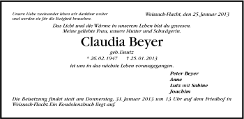 Traueranzeige von Claudia Beyer von Stuttgarter Zeitung / Stuttgarter Nachrichten