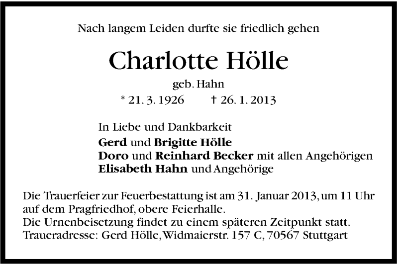 Traueranzeige für Charlotte Hölle vom 29.01.2013 aus Stuttgarter Zeitung / Stuttgarter Nachrichten