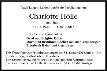 Traueranzeige von Charlotte Hölle von Stuttgarter Zeitung / Stuttgarter Nachrichten