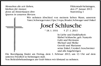 Traueranzeige von Josef Schlusche von Stuttgarter Zeitung / Stuttgarter Nachrichten