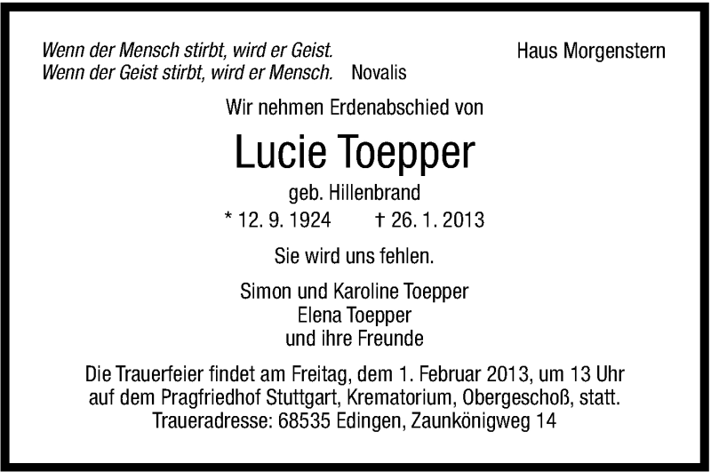  Traueranzeige für Lucie Toepper vom 29.01.2013 aus Stuttgarter Zeitung / Stuttgarter Nachrichten