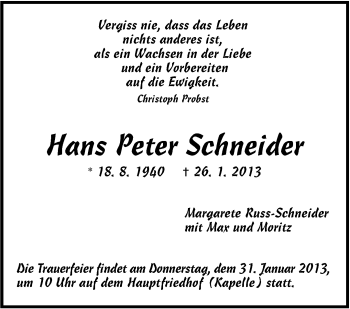 Traueranzeige von Hans Peter Schneider von Stuttgarter Zeitung / Stuttgarter Nachrichten