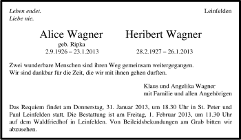 Traueranzeige von Heribert Wagner von Stuttgarter Zeitung / Stuttgarter Nachrichten