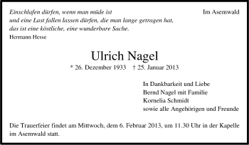 Traueranzeige von Ulrich Nagel von Stuttgarter Zeitung / Stuttgarter Nachrichten