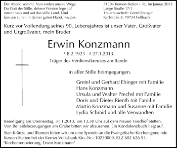 Traueranzeige von Erwin Konzmann von Stuttgarter Zeitung / Stuttgarter Nachrichten