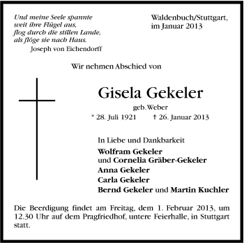 Traueranzeige von Gisela Gekeler von Stuttgarter Zeitung / Stuttgarter Nachrichten