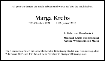 Traueranzeige von Marga Krebs von Stuttgarter Zeitung / Stuttgarter Nachrichten