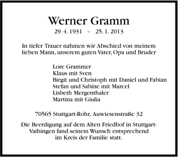Traueranzeige von Werner Grammer von Stuttgarter Zeitung / Stuttgarter Nachrichten