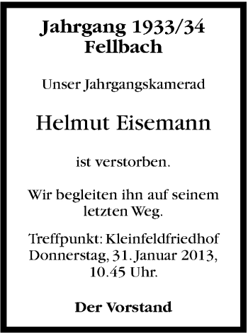 Traueranzeige von Helmut Eisemann von Stuttgarter Zeitung / Stuttgarter Nachrichten