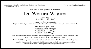 Traueranzeige von Werner Wagner von Stuttgarter Zeitung / Stuttgarter Nachrichten