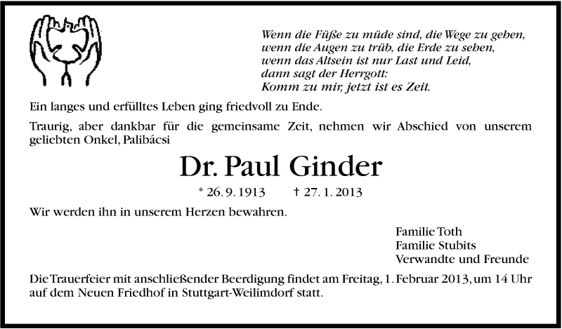  Traueranzeige für Paul Ginder vom 30.01.2013 aus Stuttgarter Zeitung / Stuttgarter Nachrichten