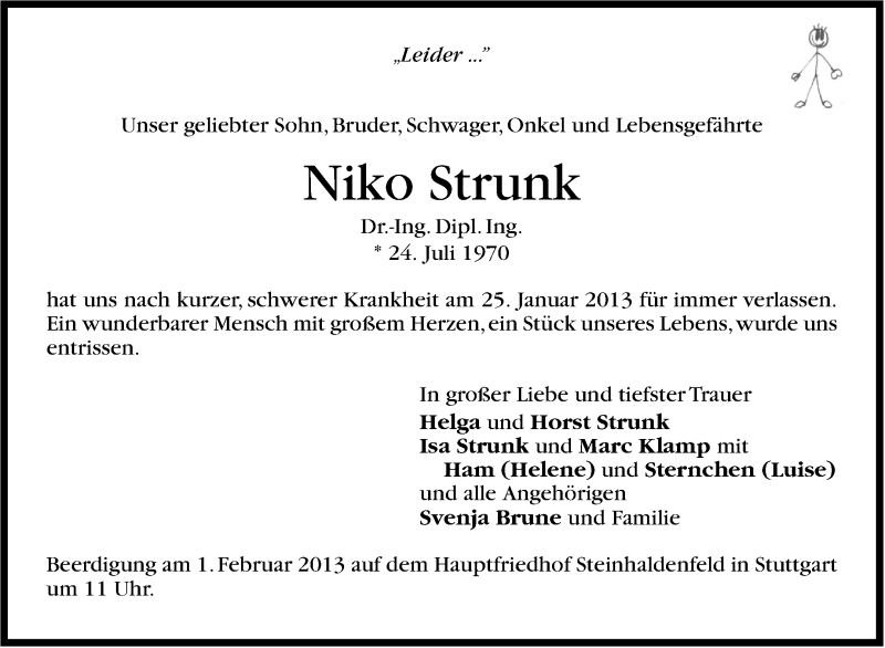  Traueranzeige für Niko Strunk vom 30.01.2013 aus Stuttgarter Zeitung / Stuttgarter Nachrichten
