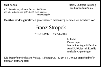 Traueranzeige von Franz Stropek von Stuttgarter Zeitung / Stuttgarter Nachrichten