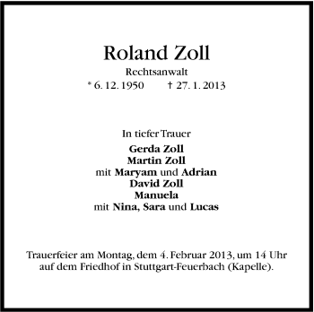 Traueranzeige von Roland Zoll von Stuttgarter Zeitung / Stuttgarter Nachrichten