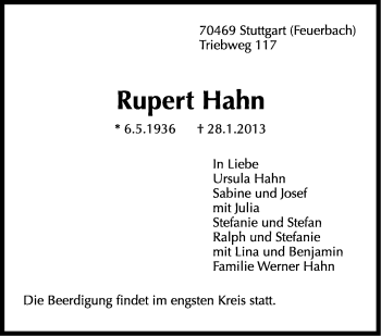 Traueranzeige von Rupert Hahn von Stuttgarter Zeitung / Stuttgarter Nachrichten
