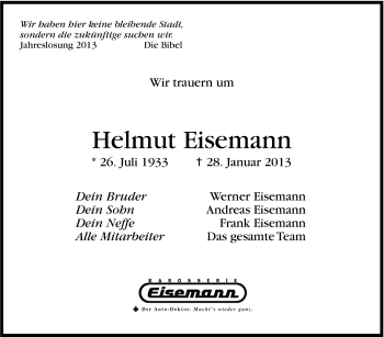 Traueranzeige von Helmut Eisemann von Stuttgarter Zeitung / Stuttgarter Nachrichten