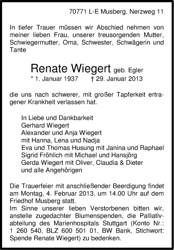 Traueranzeige von Renate Wiegert von Stuttgarter Zeitung / Stuttgarter Nachrichten