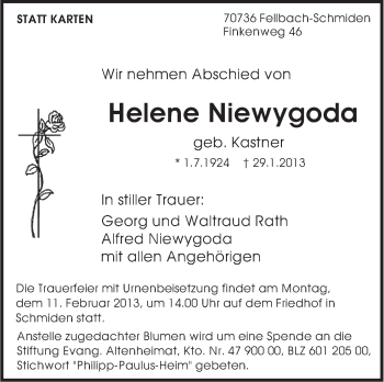 Traueranzeige von Helene Niewygoda von Stuttgarter Zeitung / Stuttgarter Nachrichten