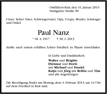 Traueranzeige von Paul Nanz von Stuttgarter Zeitung / Stuttgarter Nachrichten