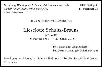 Traueranzeige von Lieselotte Schultz-Brauns von Stuttgarter Zeitung / Stuttgarter Nachrichten