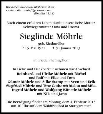 Traueranzeige von Sieglinde Möhrle von Stuttgarter Zeitung / Stuttgarter Nachrichten