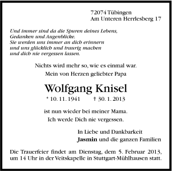 Traueranzeige von Wolfgang Knisel von Stuttgarter Zeitung / Stuttgarter Nachrichten