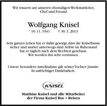 Traueranzeige von Wolfgang Knisel von Stuttgarter Zeitung / Stuttgarter Nachrichten