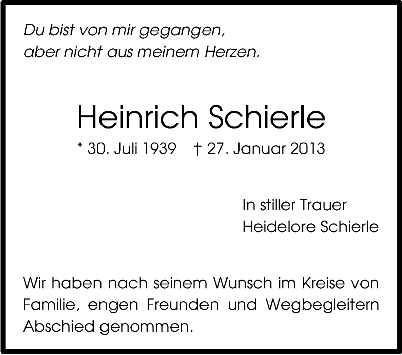  Traueranzeige für Heinrich Schierle vom 08.02.2013 aus Stuttgarter Zeitung / Stuttgarter Nachrichten