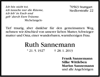 Traueranzeige von Ruth Sannemann von Stuttgarter Zeitung / Stuttgarter Nachrichten
