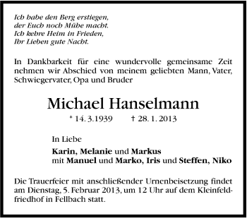 Traueranzeige von Melanie Hanselmann von Stuttgarter Zeitung / Stuttgarter Nachrichten
