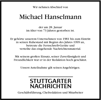 Traueranzeige von Michael Hanselmann von Stuttgarter Zeitung / Stuttgarter Nachrichten