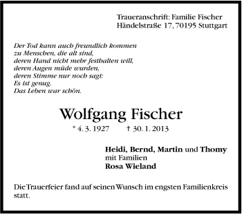 Traueranzeige von Wolfgang Fischer von Stuttgarter Zeitung / Stuttgarter Nachrichten