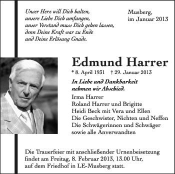 Traueranzeige von Edmund Harrer von Stuttgarter Zeitung / Stuttgarter Nachrichten