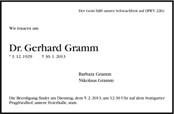 Traueranzeige von Gerhard Gramm von Stuttgarter Zeitung / Stuttgarter Nachrichten