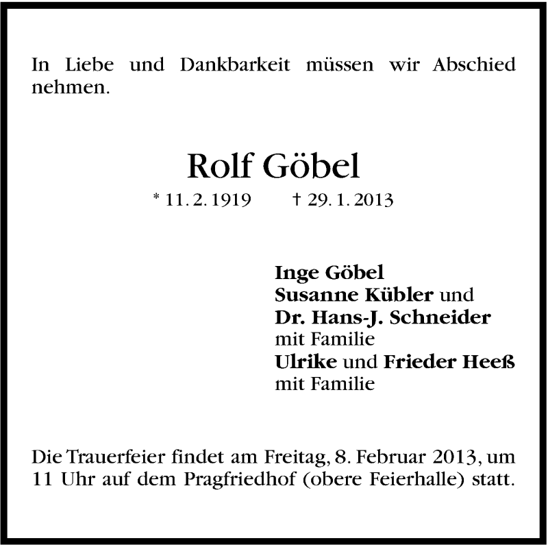  Traueranzeige für Rolf Göbel vom 05.02.2013 aus Stuttgarter Zeitung / Stuttgarter Nachrichten