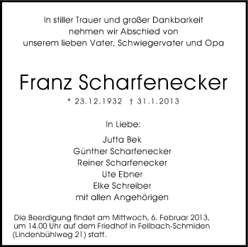 Traueranzeige von Franz Scharfenecker von Stuttgarter Zeitung / Stuttgarter Nachrichten