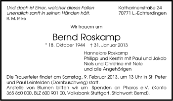 Traueranzeige von Bernd Roskamp von Stuttgarter Zeitung / Stuttgarter Nachrichten