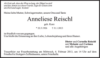 Traueranzeige von Anneliese Reischl von Stuttgarter Zeitung / Stuttgarter Nachrichten