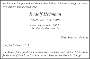 Traueranzeige von Rudolf Hofmann von Stuttgarter Zeitung / Stuttgarter Nachrichten