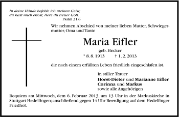 Traueranzeige von Maria Eifler von Stuttgarter Zeitung / Stuttgarter Nachrichten