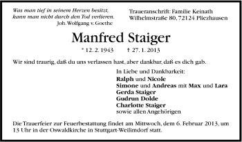 Traueranzeige von Manfred Staiger von Stuttgarter Zeitung / Stuttgarter Nachrichten