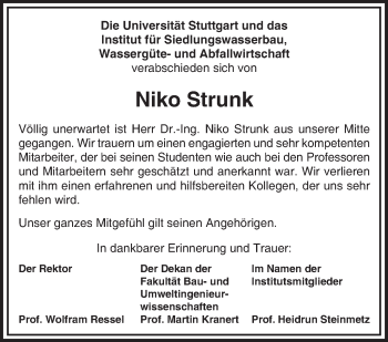 Traueranzeige von Niko Strunk von Stuttgarter Zeitung / Stuttgarter Nachrichten